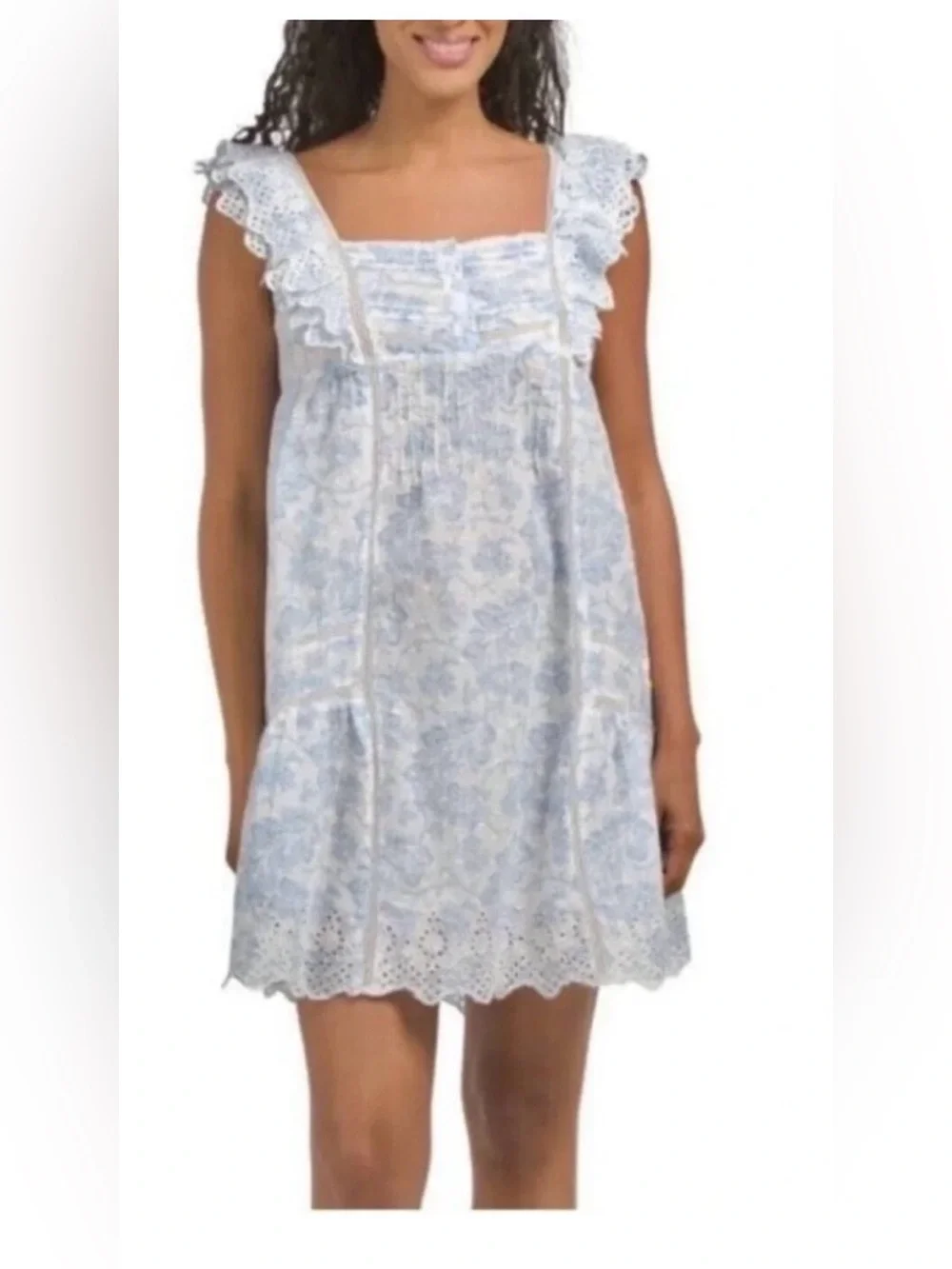 Rachel Ashwell Shabby Chic Blue & White Toile Cotton Ruffle Eyelet Nightgown L